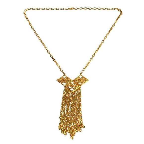Vintage Tassel Necklace Gold Tone 60s Mod Chain Mid Century Modern Retro 60s 22” - Picture 1 of 6